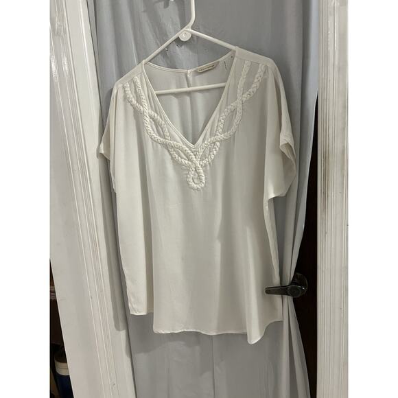 Soft Surroundings White Short Sleeve Braided V Neck Tunic Top Sz Xl Beach Resort - Picture 1 of 7